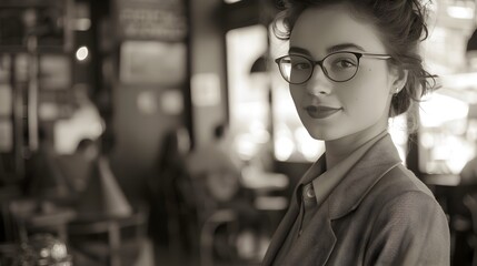 Obraz premium Elegant Woman in Vintage Attire at a Parisian Cafe, This image would be perfect for advertising specialty coffee or artisanal food products, as well
