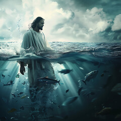 Keep the hyper-realistic cinematic high resolution of Jesus walking on water in a storm, seen from underwater with fish and sea animals, but fix the left hand. - obrazy, fototapety, plakaty