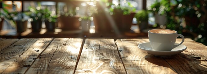 Morning coffee ambiance with espresso cup on sunlight-kissed table, expresso wooden table - obrazy, fototapety, plakaty