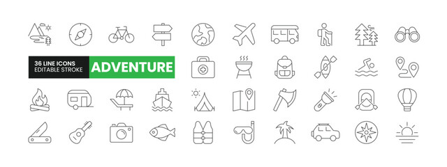 Set of 36 Adventure line icons set. Adventure outline icons with editable stroke collection. Includes Trekking, Forest, Swimming, Camping, Fishing, and More.