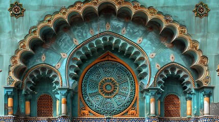 Ornate Teal and Orange Archway in Islamic Architecture, To showcase the intricate details and vibrant colors of Islamic architecture