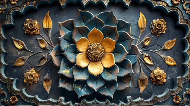 Golden Lotus Flower Design Intricately Carved on Indian Temple and Metal Wall