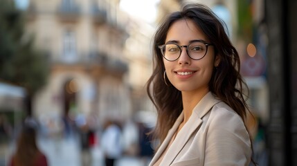 Smiling Business Woman Wearing Glasses in Paris, To convey a sense of confidence and approachability, this image is perfect for business and