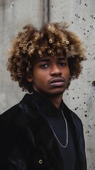 Stylish Black Man with Blonde Afro Poses Against Concrete Wall, To provide an edgy and modern visual for fashion, lifestyle, or urban-themed