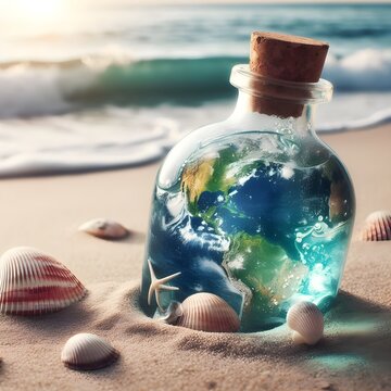 Blue Earth planet inside a corked bottle washed ashore on a beach on the seashore, Treasure washed ashore concept