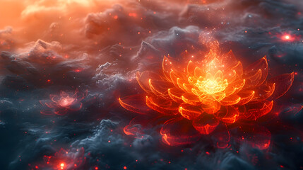 Glowing Red Lotus Flower in the Sky, To showcase the beauty and mystique of a glowing red lotus flower in a unique and eye-catching way, this artwork
