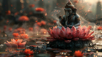 AI Generated Image of Ganesha on Lotus in Water, To provide a visually stunning and spiritually significant image for use in digital media, - obrazy, fototapety, plakaty