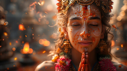A Young Woman Dressed as Hindu Goddess Shiva in Prayer at Kedarnath Temple, To convey the feeling of spirituality, culture, and connection to the - obrazy, fototapety, plakaty