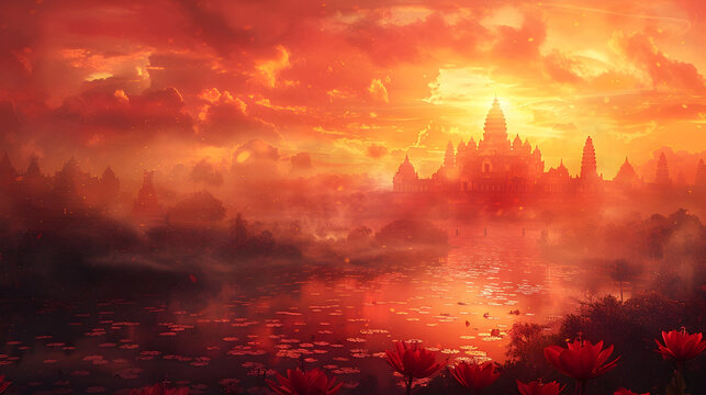 Red Sunset Over Ancient Indian City with Lotus Flowers, To evoke emotions of nostalgia and romance through a dreamy and cinematic depiction of an