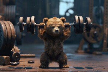 Charming baby bear  impressively lifting weights - obrazy, fototapety, plakaty