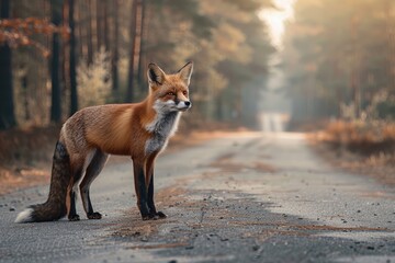 Obraz premium Fox standing on the road near forest at early morning or evening time. Road hazards, wildlife and transport.