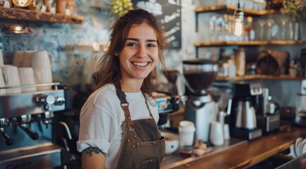 Beautiful female barista and smiles while working behind the bar counter in a cafe.