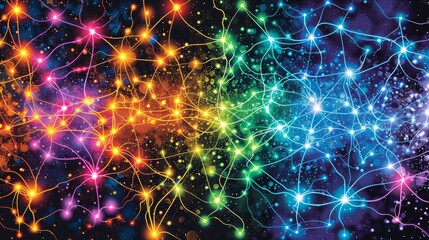 Colorful Network of Neural Pathways or Abstract Cosmic Web with Glowing Connections