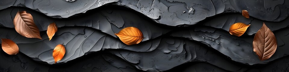 Copper Leaves Autumn Elements Waves on Dark Gray 3D Background