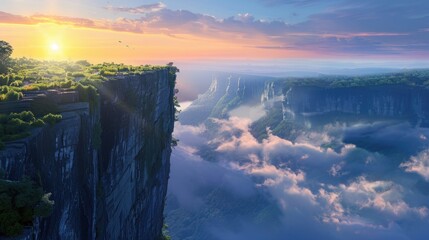The view from atop a high cliff, overlooking a valley filled with fog that glows under the yellow light of sunrise, 