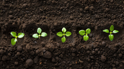 Young Plants Tree Sapling Growing in Soil at Sunset Green Background. Planting Seedlings in Morning Light on Nature Background. Top View