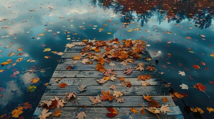The vibrant reflection of autumn leaves on a still lake, with a wooden dock extending into the water, offering a peaceful spot to observe the seasonal change and the beauty of nature. 8k