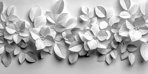 Minimalistic 3D Wallpaper with Stylized White and Grey Poinsettia Flowers and Leaves