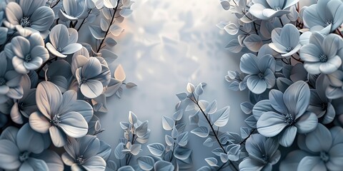 Elegant 3D Rendered Light Blue and Gray Flowers against a Soft Blue Backdrop