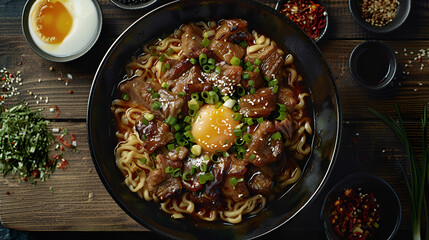 Asian ramen soup with meat egg chives and spices.generative ai - obrazy, fototapety, plakaty