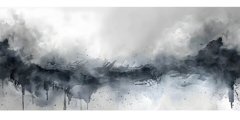 Monochromatic Stormy Apocalypse A Panoramic Abstract Watercolor Landscape with Melting Mountains