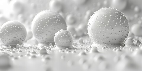Fototapeta na wymiar White Spheres with Water Droplets and Particles - 3D Rendering, To provide a unique and visually striking image for use in advertising, web design,