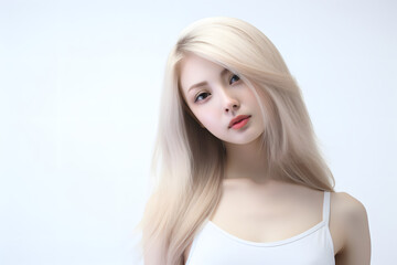 Bleached blonde hair girl beauty model presenting her beautiful and healthy hair