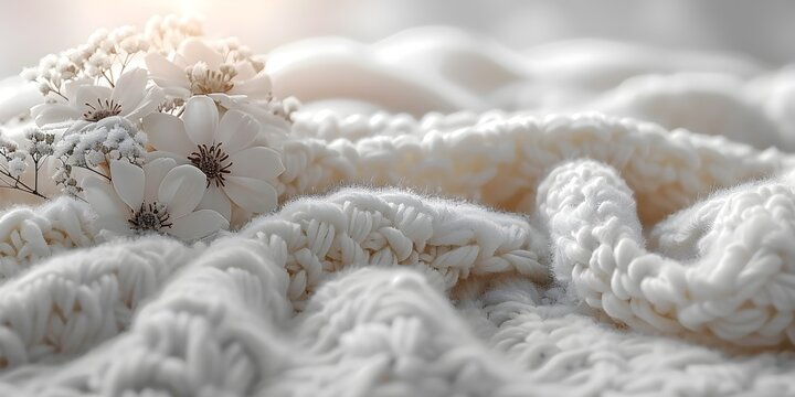 Elegant White Knitted Blanket with Flowers, To convey comfort and elegance for home decor and product photography