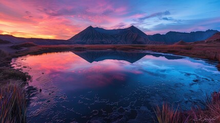 The vibrant colors of sunrise reflecting off the surface of a small lake near Bromo mountain, with the calm water mirroring the spectacular colors of the sky and the silhouette of the mountain. 8k - Powered by Adobe