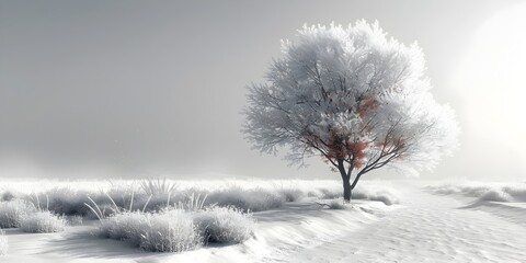 Ice Tree with Red Leaves Standing Alone in Winter Fog - High Definition Winter Landscape