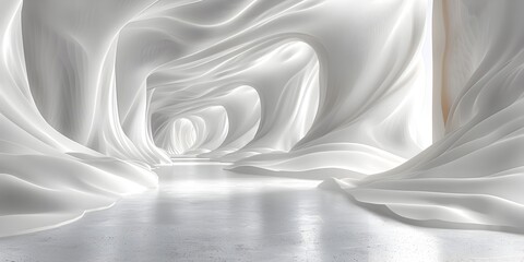 Ethereal Abstract White Interior with Flowing Fabric and Soft Lighting, To evoke a sense of elegance, luxury, and modernity for design and product