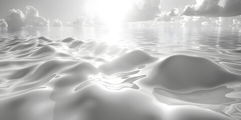 Striking 3D Render of White Water Surface Basking in Sunlight and Clouds, To provide a high-quality, visually striking image of a white water surface - obrazy, fototapety, plakaty