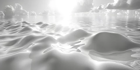 Fotobehang Striking 3D Render of White Water Surface Basking in Sunlight and Clouds, To provide a high-quality, visually striking image of a white water surface © prasong.