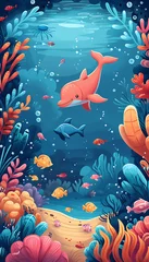 Papier Peint photo Lavable Vie marine Oceanic and Aquatic Life: Depictions of underwater environments, marine animals, and coastal themes, rendered in a whimsical cartoon aesthetic through simple and charming illustrations.
