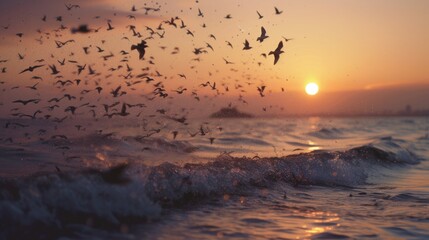 The tranquil scene of twilight over the sea, with starlings flying in murmuration patterns against the fading light. 8k - obrazy, fototapety, plakaty