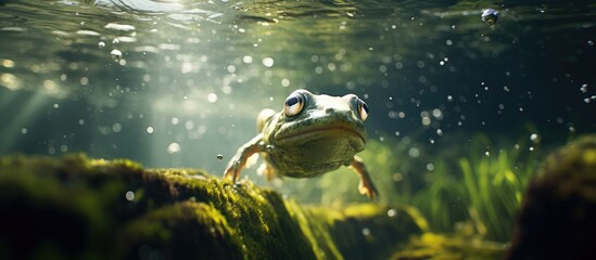 Frog Swimming Under Water in a clear river with a view of the bottom of the river
