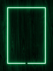 Dark wood wall background, green neon light and rectangle shape with vertical banner.