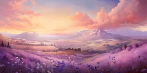 Soft lavender hues melt into the beige canvas, creating a tranquil scene reminiscent of a dreamy sunset. - obrazy, fototapety, plakaty