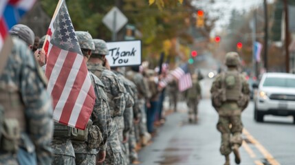 Military personnel march down a local street adorned with American flags, as onlookers express their gratitude with "Thank You" signs on Loyalty Day