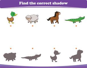 Education game for children find the correct shadow of cute wild animal cartoon. Vector Illustration