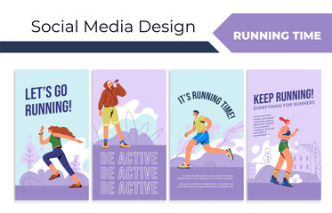 Social media story set with running people concept - obrazy, fototapety, plakaty