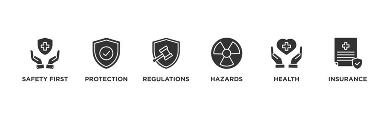 Work safety banner web icon vector illustration for occupational safety and health at work with safety first, protection, regulations, hazards, health, and insurance icon	