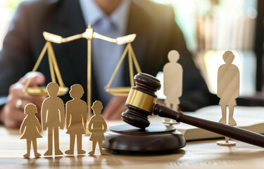 family and lawyer, wooden figures of family on desk near gavel with balance scales in office background