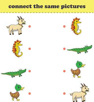 Education game for children connect the same wild animal pictures. Vector Illustration