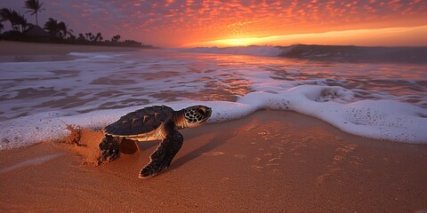 Newborn Turtle Crawling Towards the Ocean at Sunset in a Symbol of New Beginnings