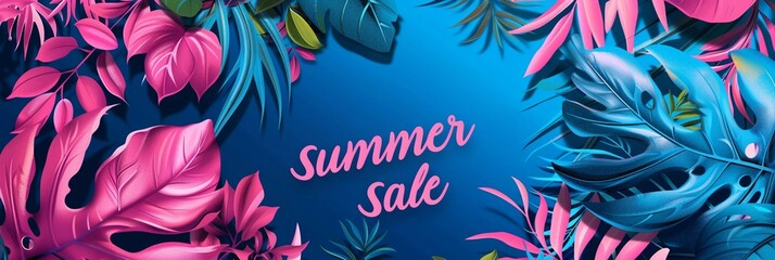 Summer Sale Banner illustration. Tropical leaves with Hibiscus flowers on blue background, panoramic - obrazy, fototapety, plakaty