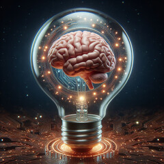 brain inside a futuristic light bulb, generated by AI.