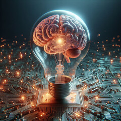 brain inside a futuristic light bulb, generated by AI. - obrazy, fototapety, plakaty