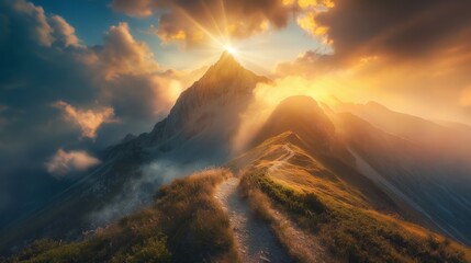 Majestic Dawn: Breathtaking Sunrise Over a Serene Mountain Range with Glowing Sunbeams