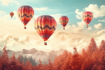 Fototapeta premium A group of hot air balloons floating in the air over a forest, Vintage style 3D illustration of Valentine's day background, Ai generated